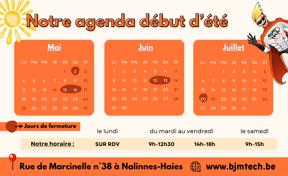 Agenda fermture BJM'Tech Loisirs été 2026